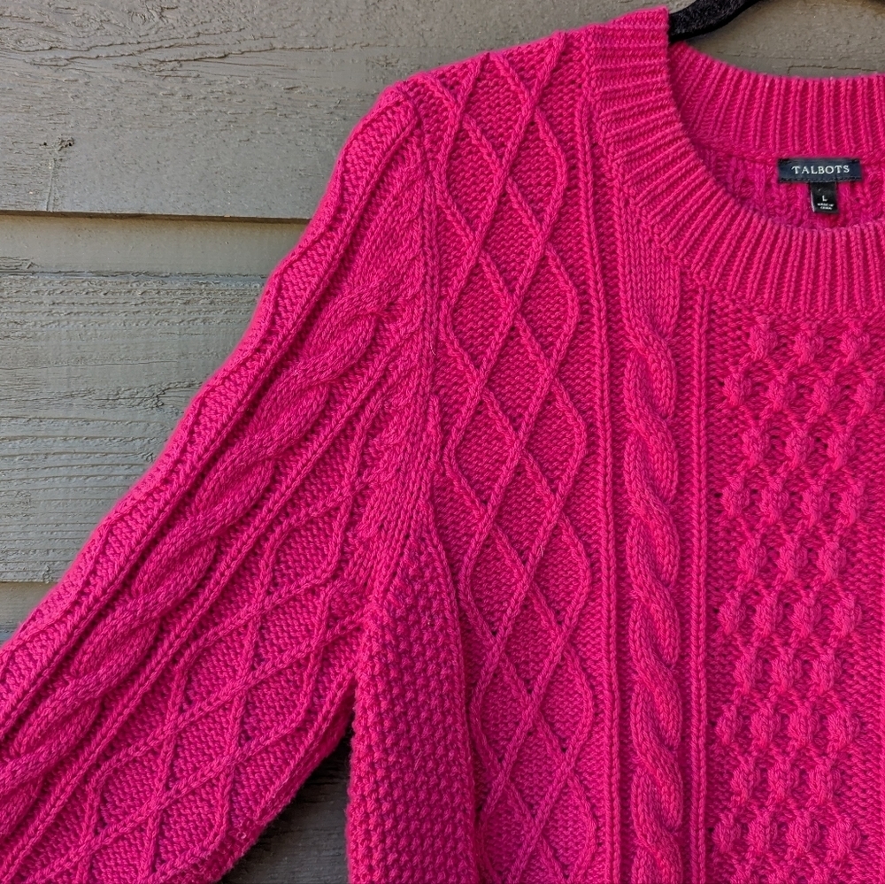 Talbots Magenta Pink Cable Knit Crew Neck Sweater Size Large Cotton Wool - Picture 2 of 6